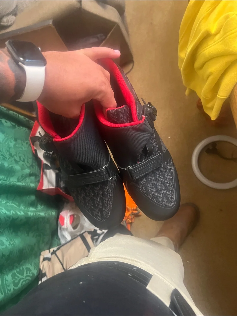 Black Cycling Shoe with Red Interior and Ratchet Closure